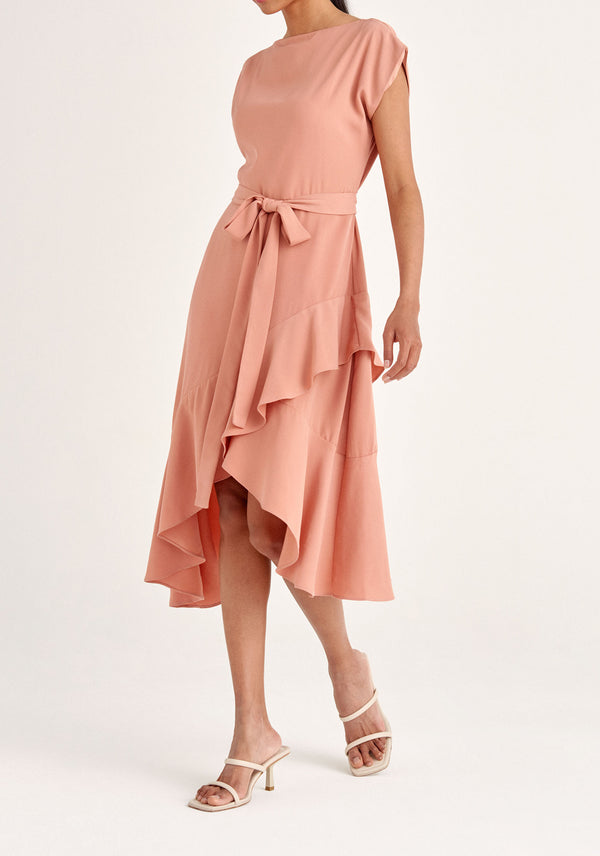 Paisie Belted Boat Neck Dress in Pink